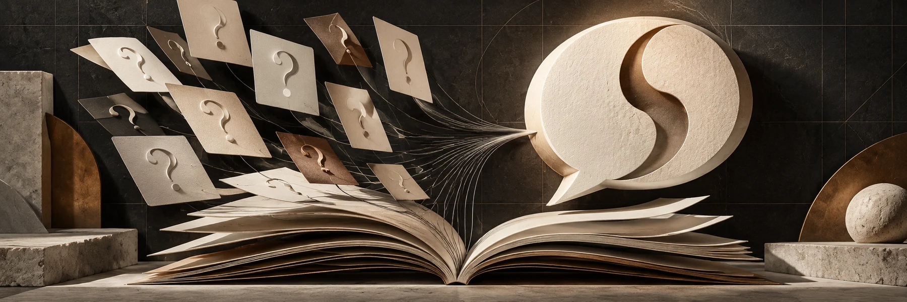 Black-and-white paper sculpture connecting customer question cards to a clear answer above an open book.