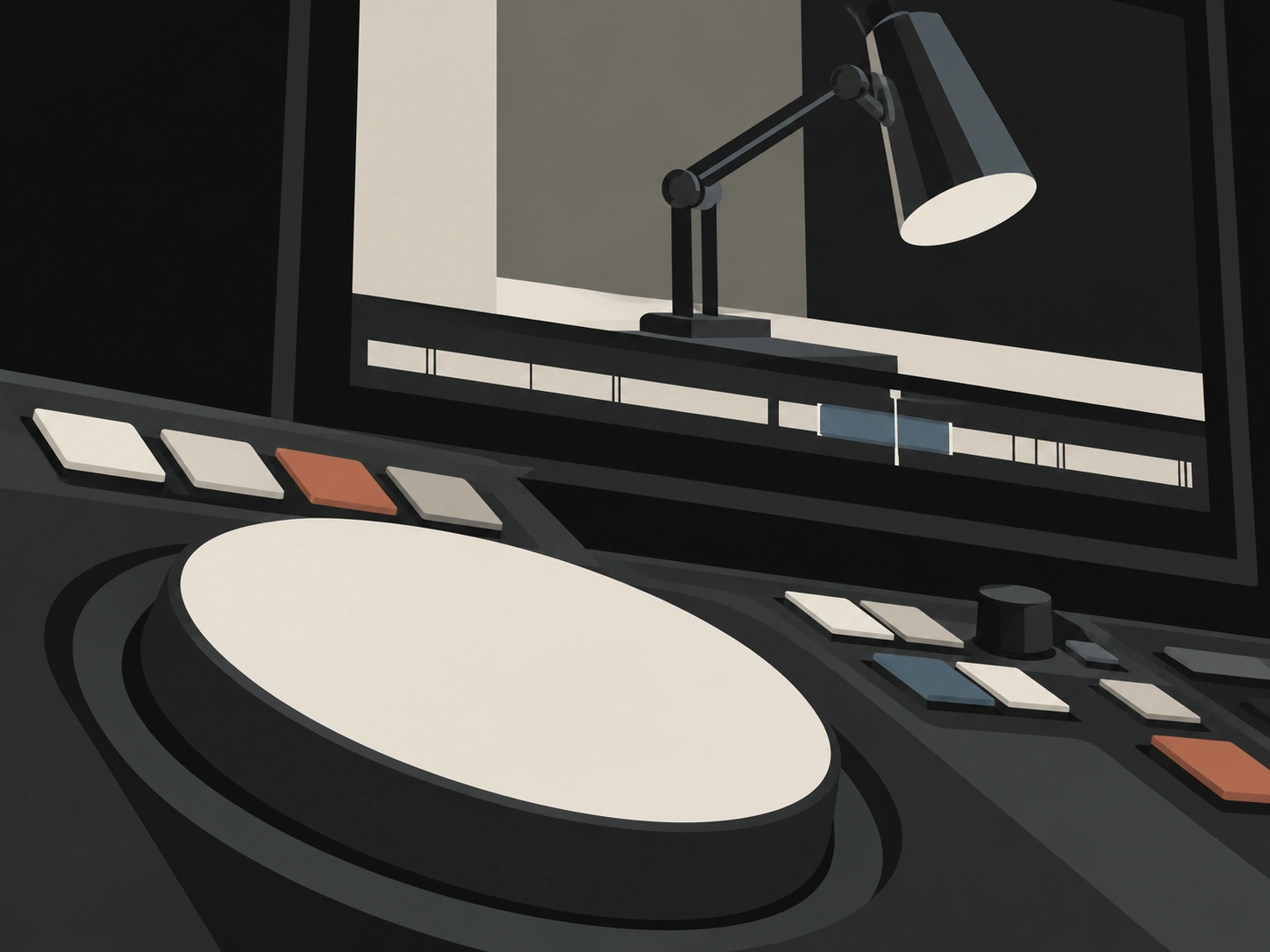 Matte illustration of the main video edit and an editing controller.