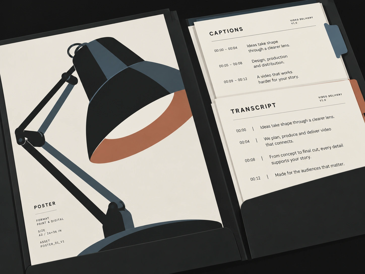 A designed publishing folio with poster, caption and transcript material.