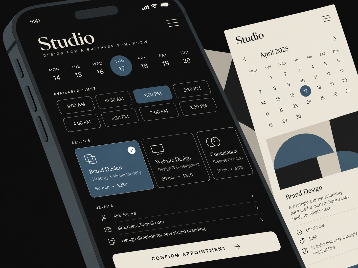 A designed appointment-booking app shown on a large matte black phone.
