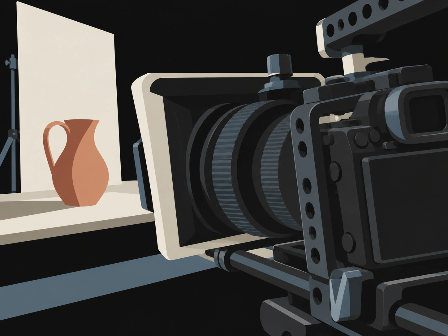 Matte illustration of a camera filming a tabletop product commercial.
