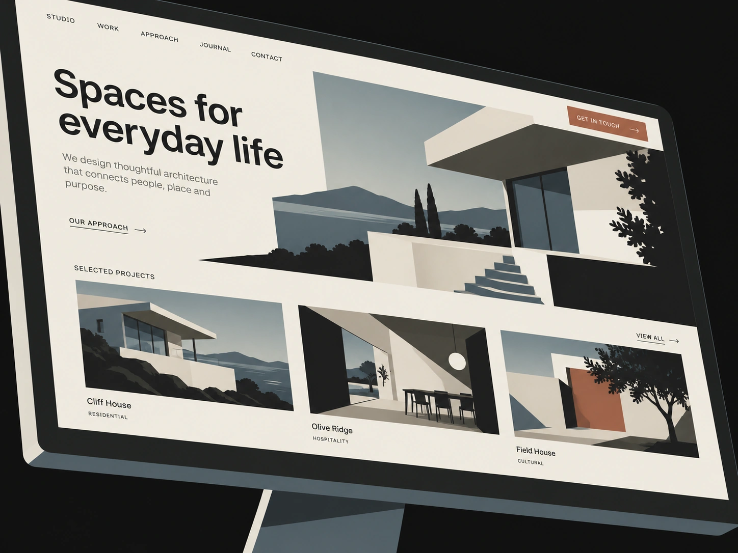 A finished architectural business website illustrated on an angled desktop monitor.