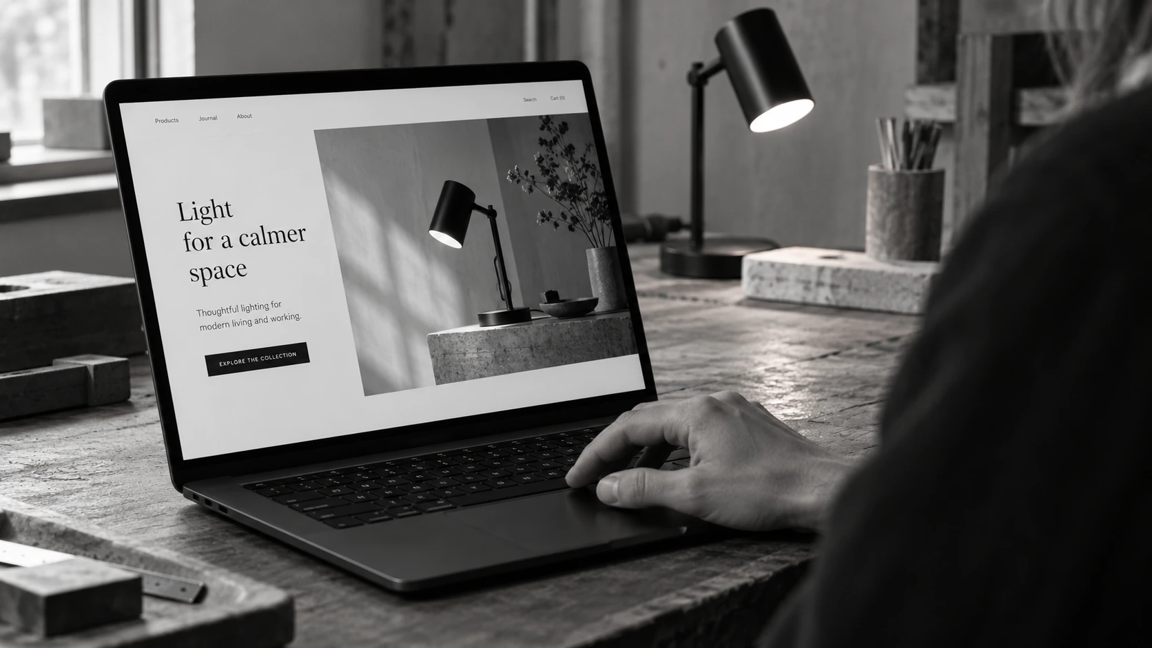 A business website displaying a product demonstration on a laptop.