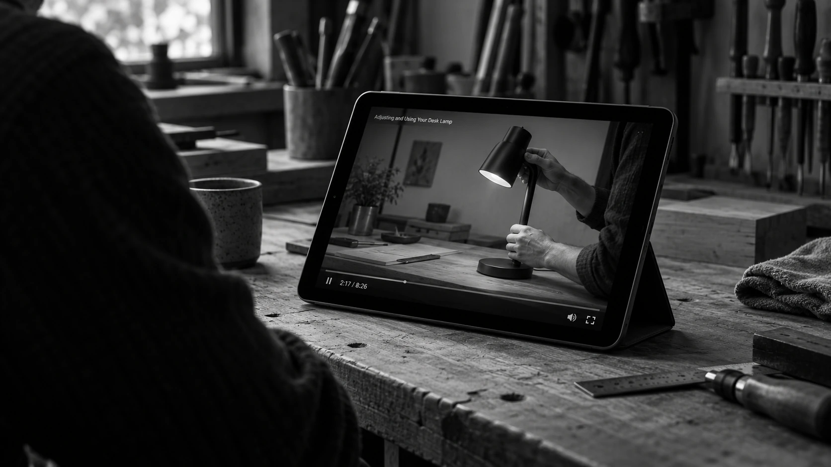 A longer product explainer being watched on a tablet in a workshop.