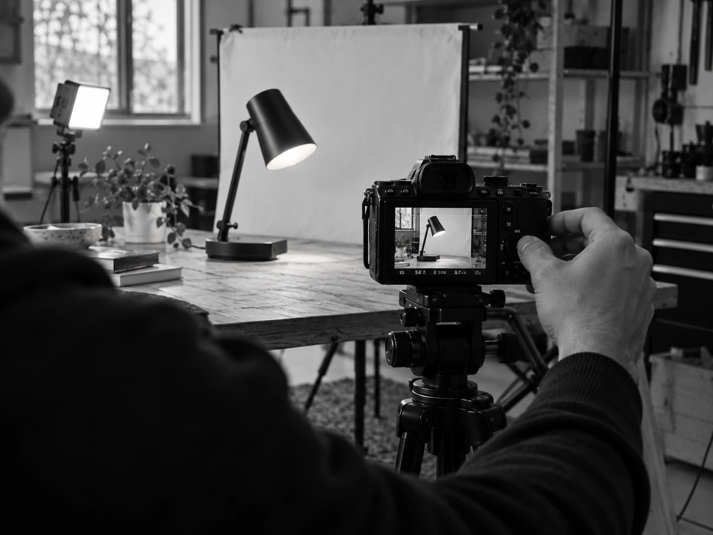 Filming a tabletop product demonstration with a modest professional camera setup.