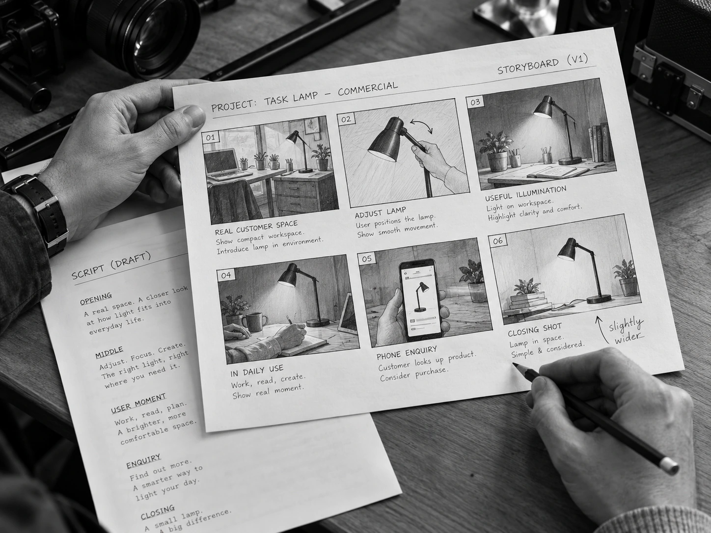 Reviewing a six-frame product-commercial storyboard before filming.