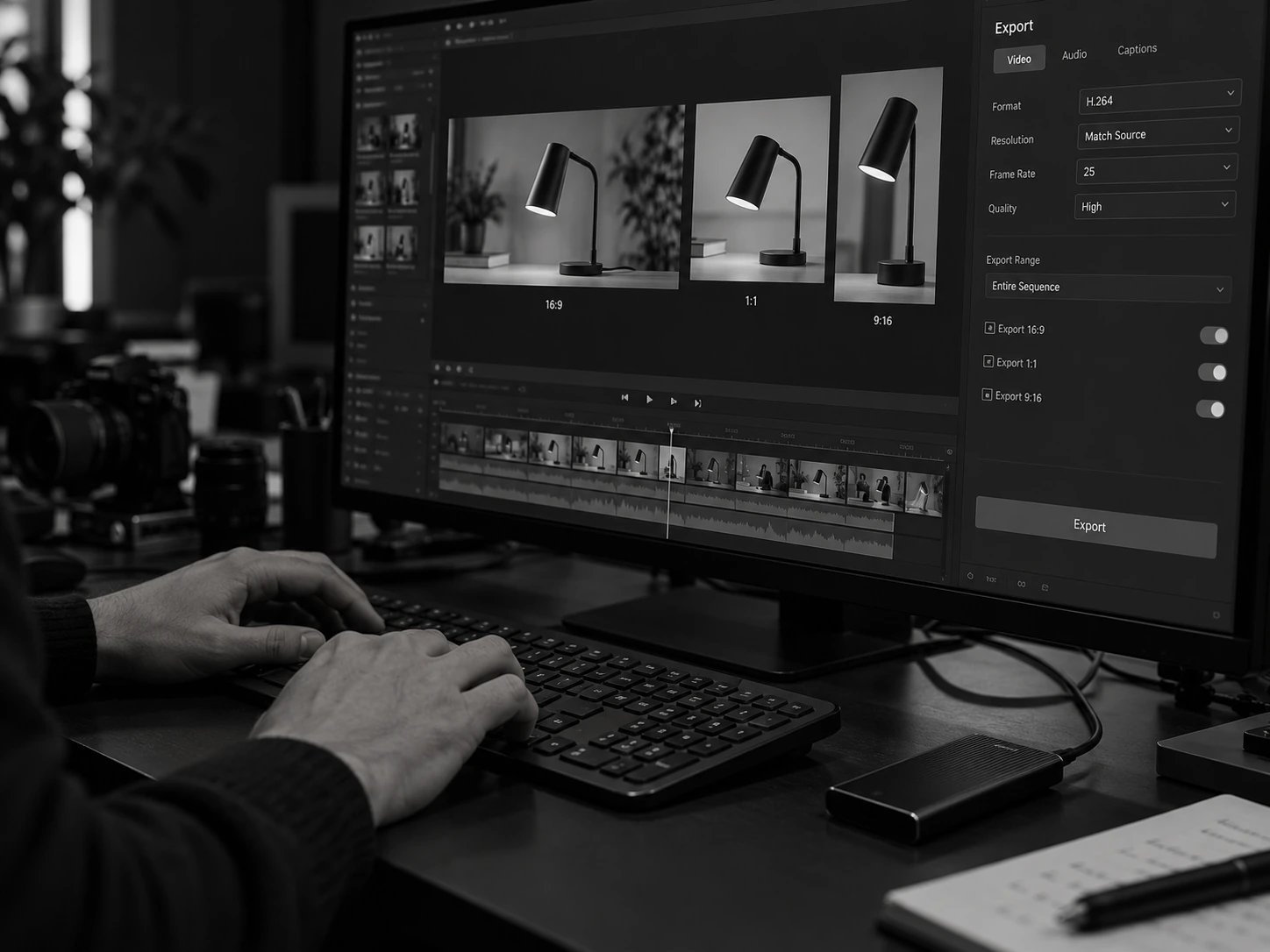 Preparing landscape, portrait and square video exports at an editing workstation.