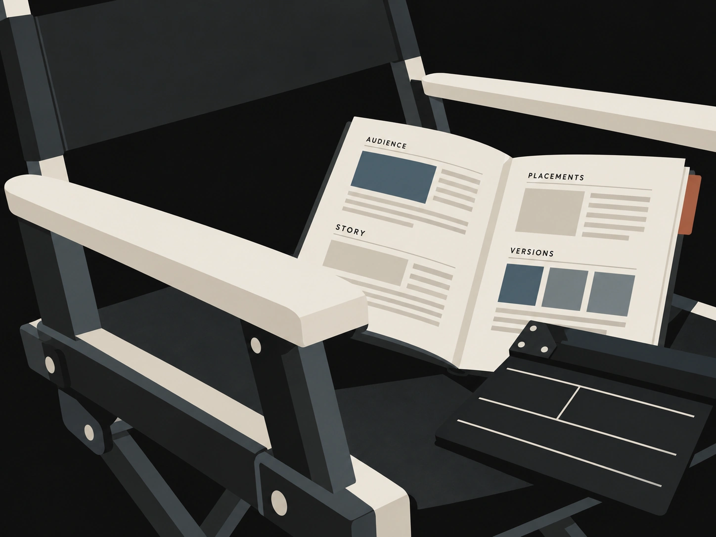 Matte director chair with a production brief covering audience, story, placements and versions.