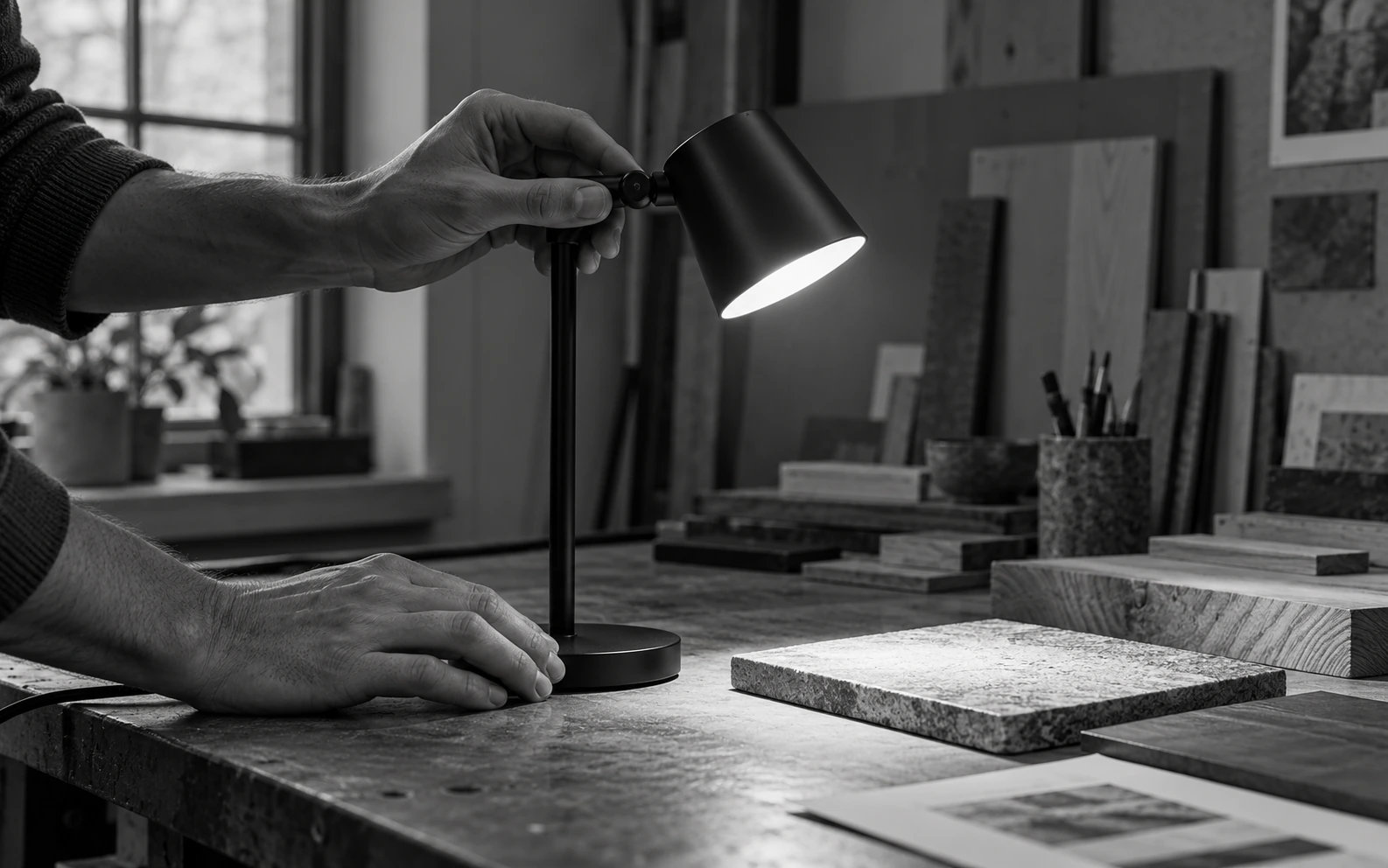 Hands demonstrating the adjustable task lamp and its useful light.