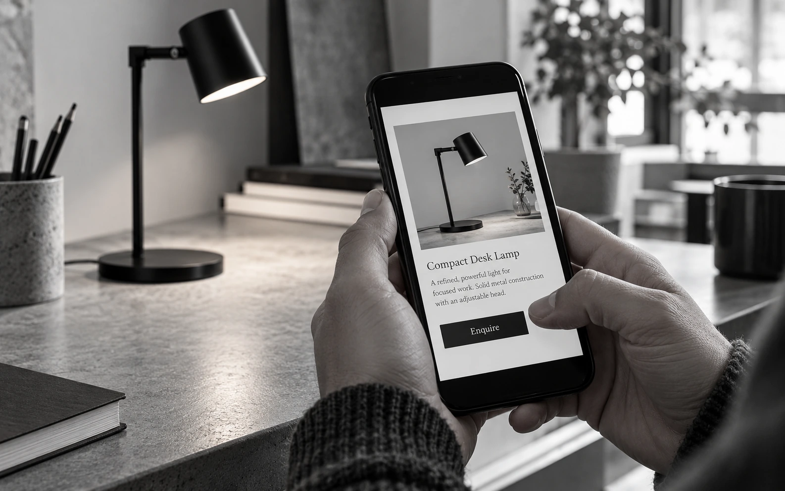 A customer viewing the lamp product page and its enquiry action.