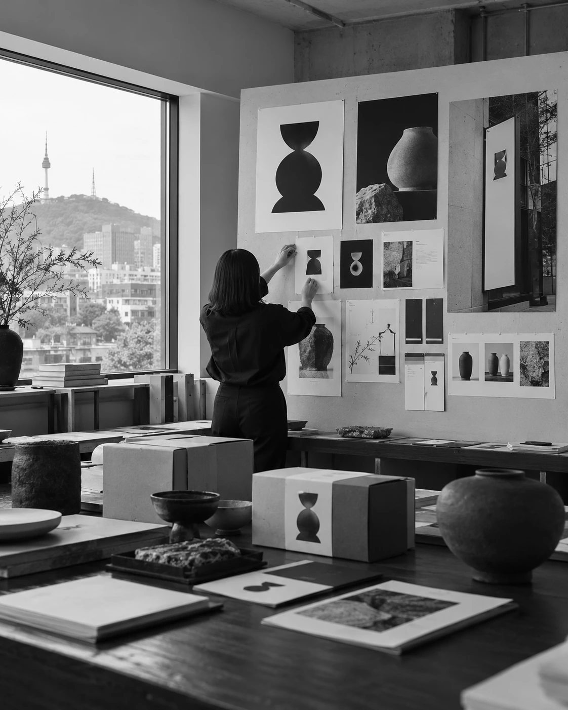 A Korean designer, seen from behind, reviewing a physical brand identity and packaging in a Seoul studio.