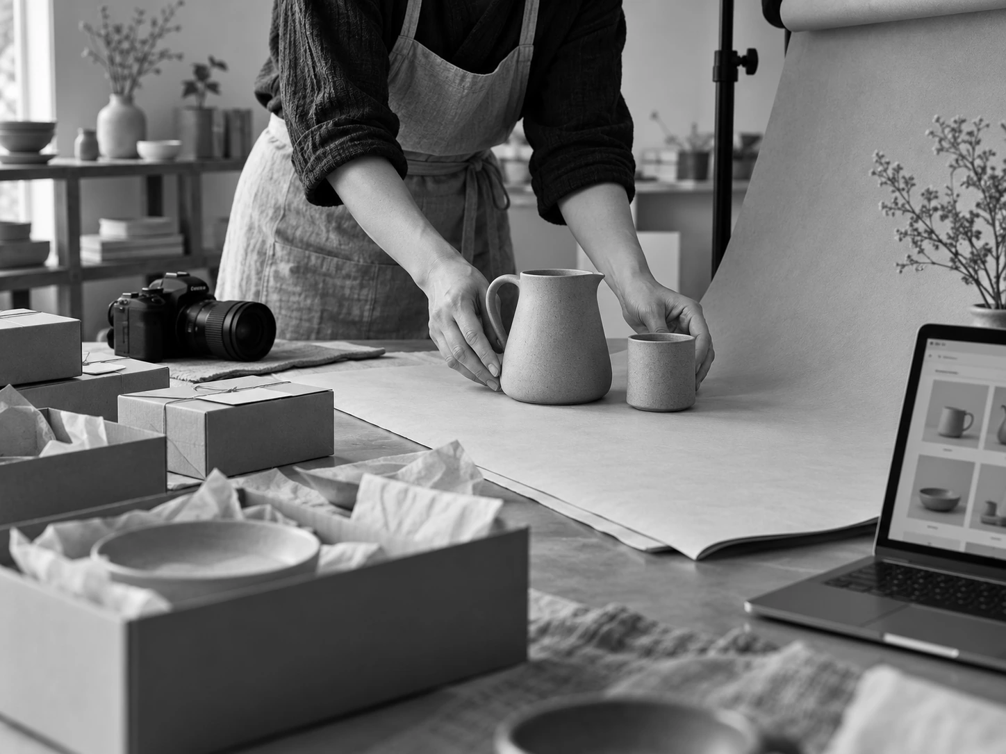 A homeware business owner preparing ceramics for product photography and online orders.