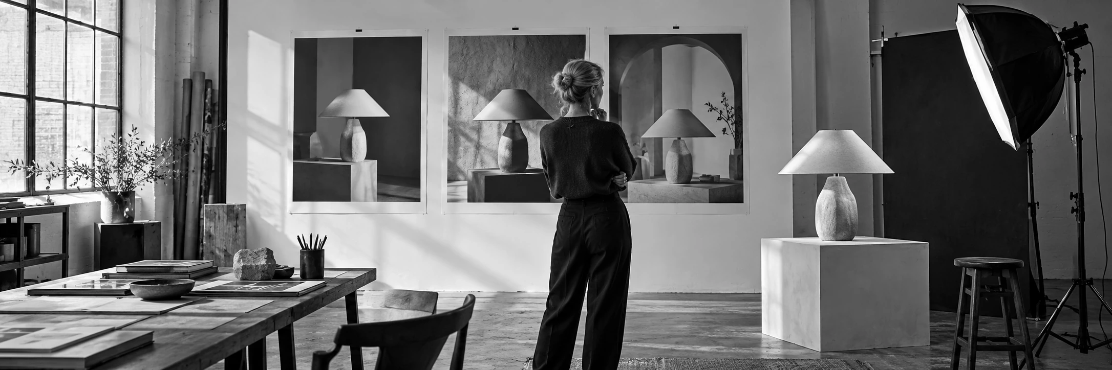 An art director comparing physical product image studies beside the lamp being photographed.