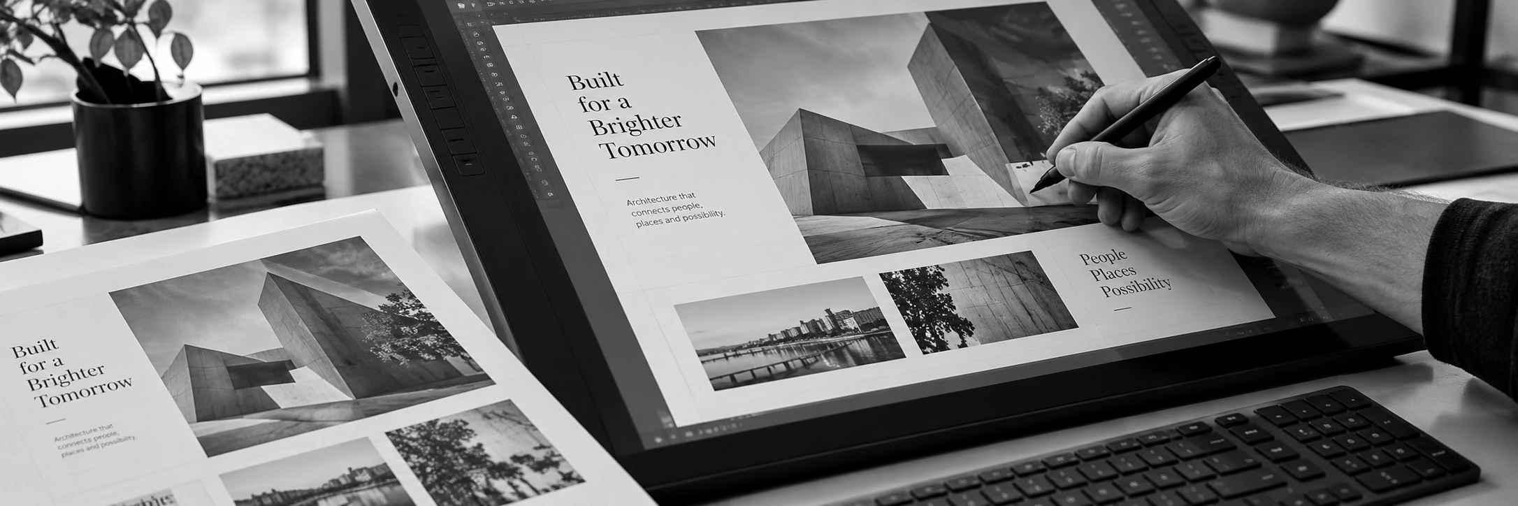 A designer using a pen display to refine a carefully aligned editorial layout.