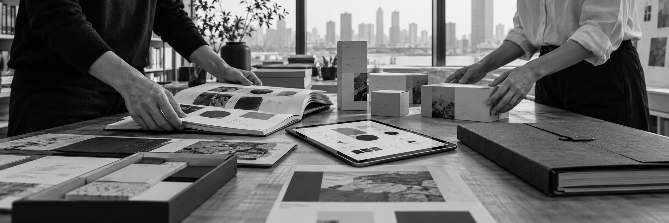 Design colleagues reviewing final printed guidelines, packaging and interface components.