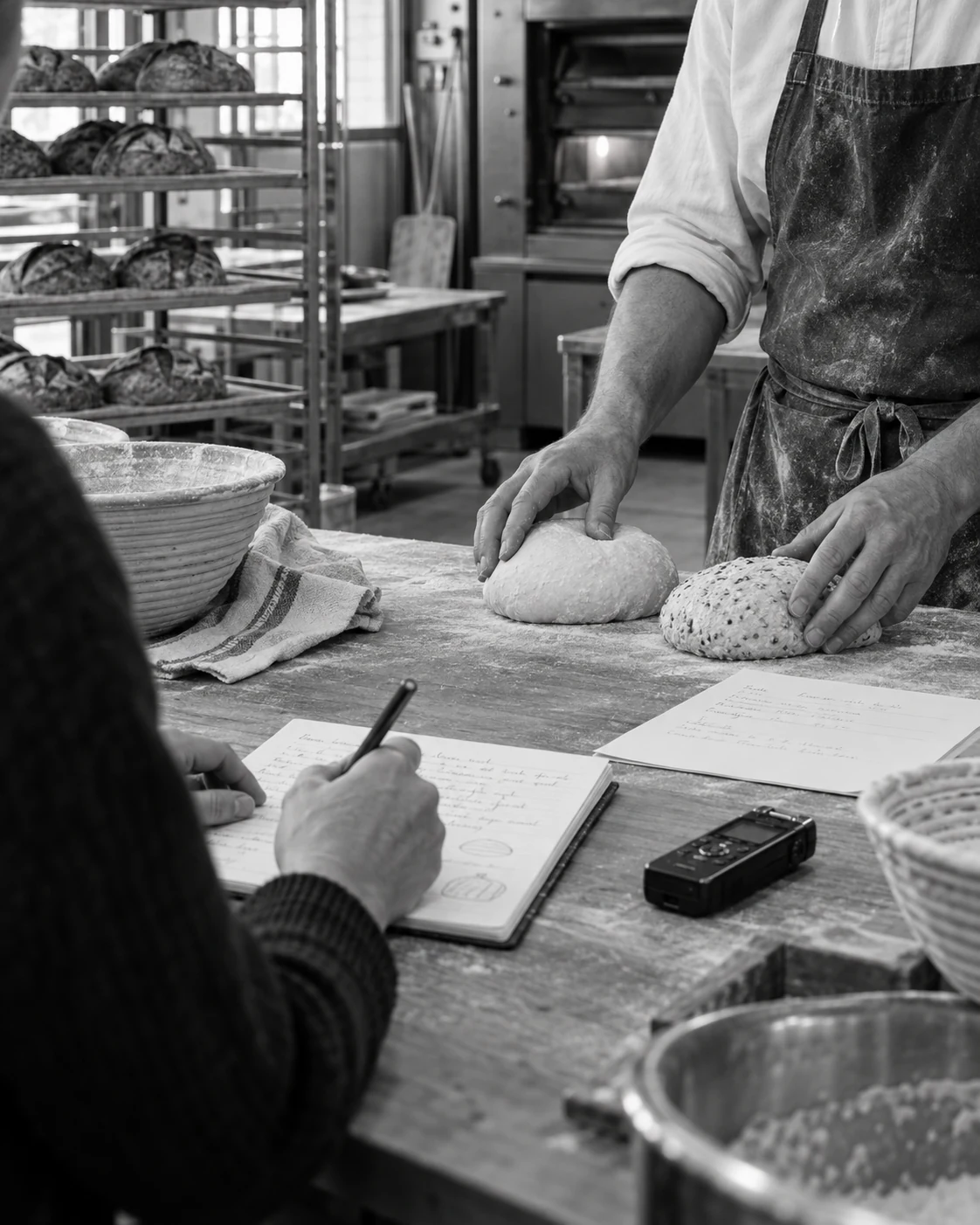 Illustrative writer learning a bakery process from its owner before preparing accurate content.
