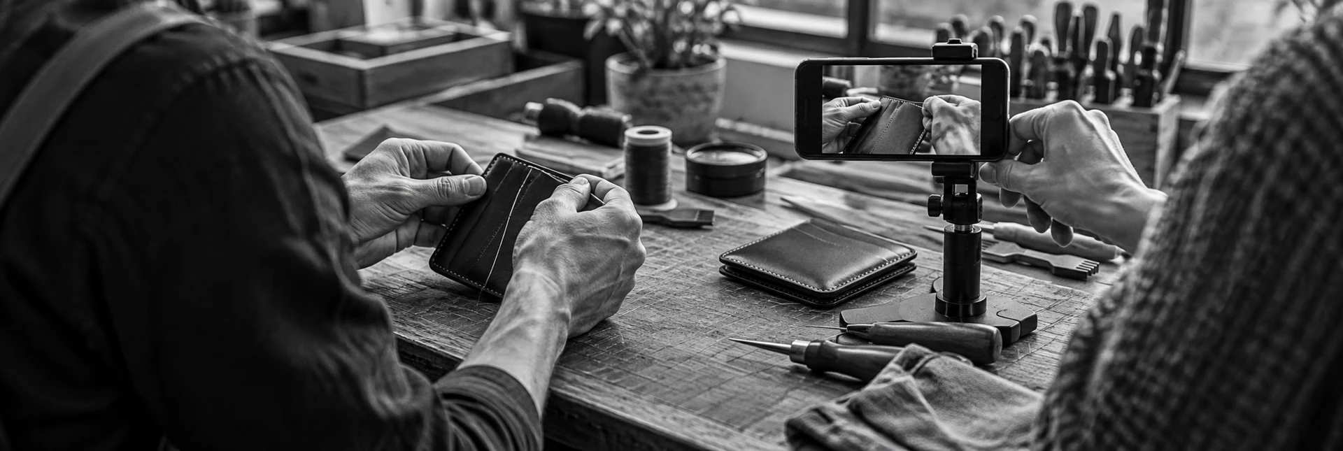Illustrative leather-goods demonstration being recorded and reviewed on a real phone.