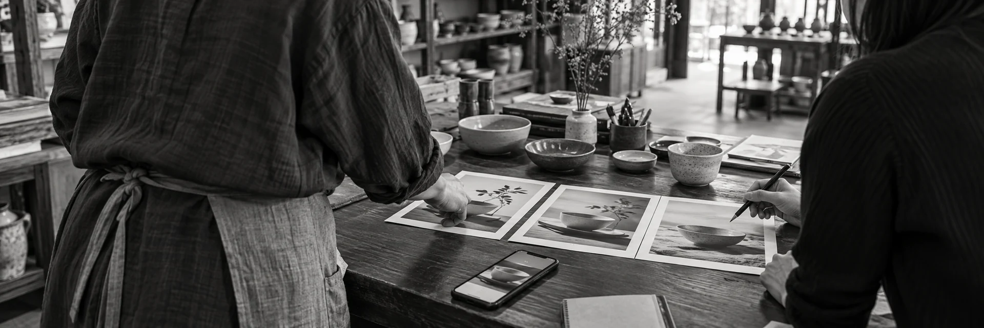 Illustrative Korean shop owner and coordinator reviewing ceramics campaign proofs.