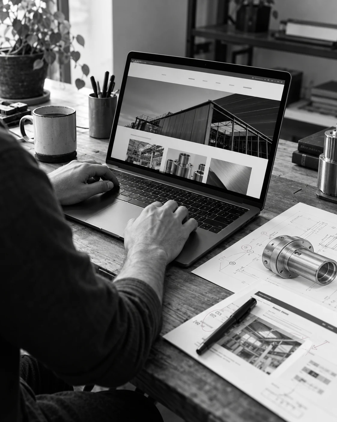Illustrative specialist reviewing an engineering service website and technical page proof.
