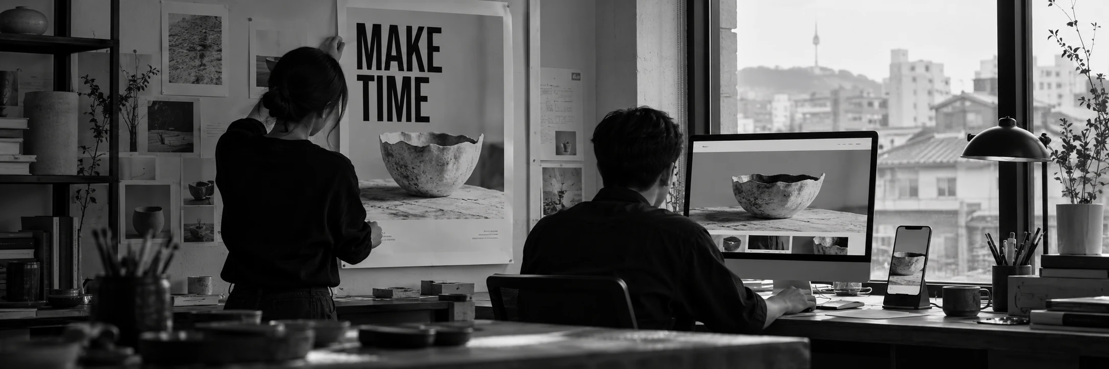Korean creative professionals adapting one pottery campaign across a printed poster, website and phone.