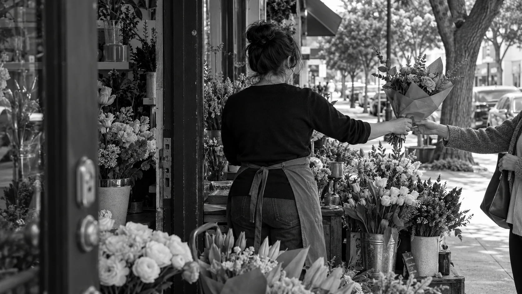 A neighborhood florist handing a wrapped order to a customer at the shop entrance.