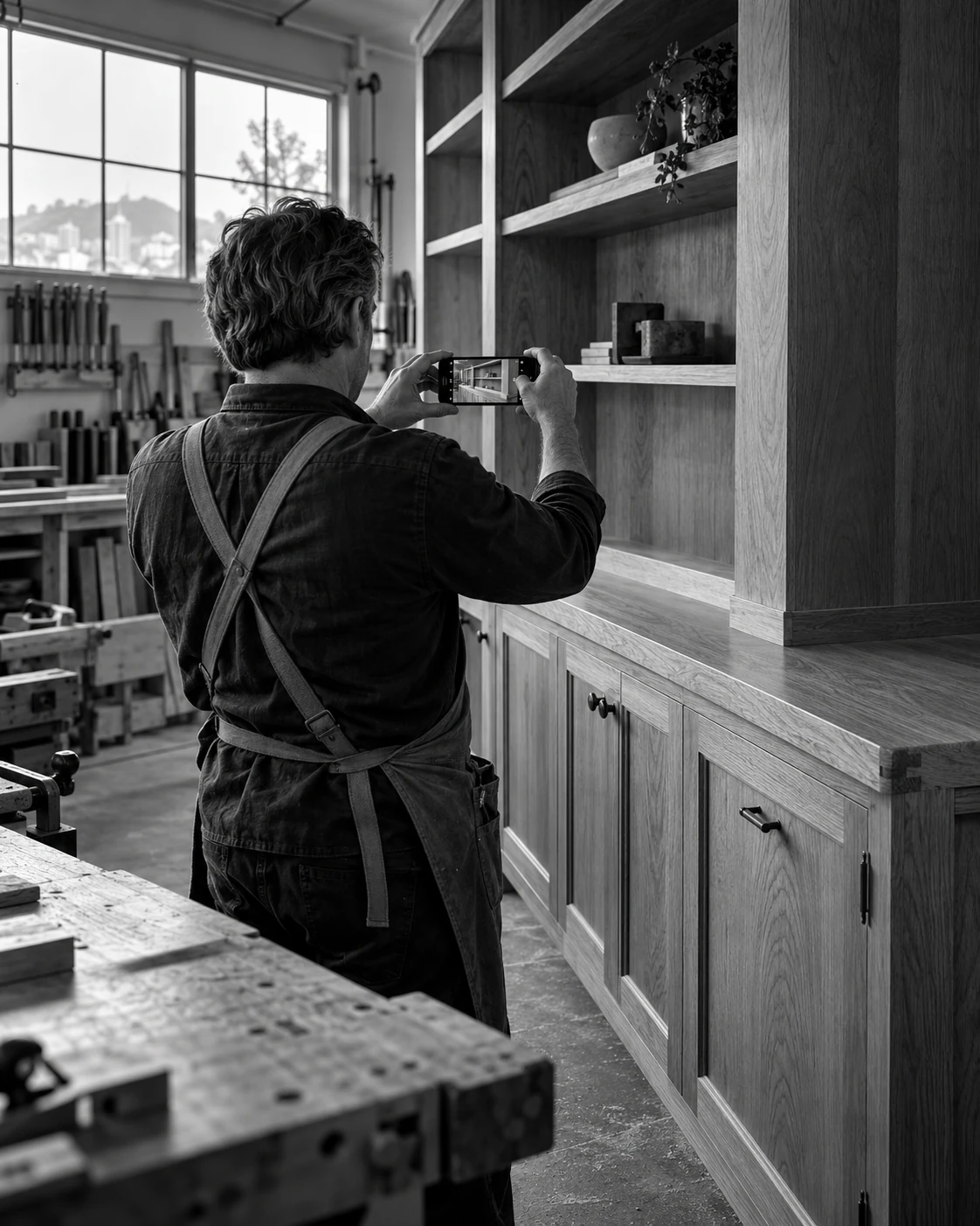 A cabinetmaker documenting completed joinery for a service website, seen from behind.