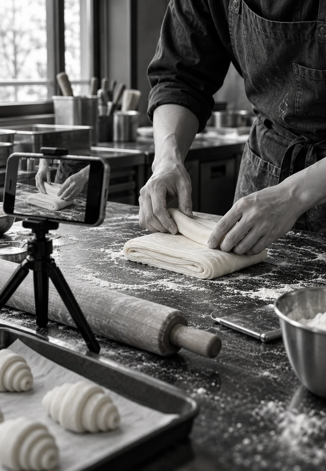 A pastry demonstration being recorded on a phone, framed around the baker’s hands and the product.