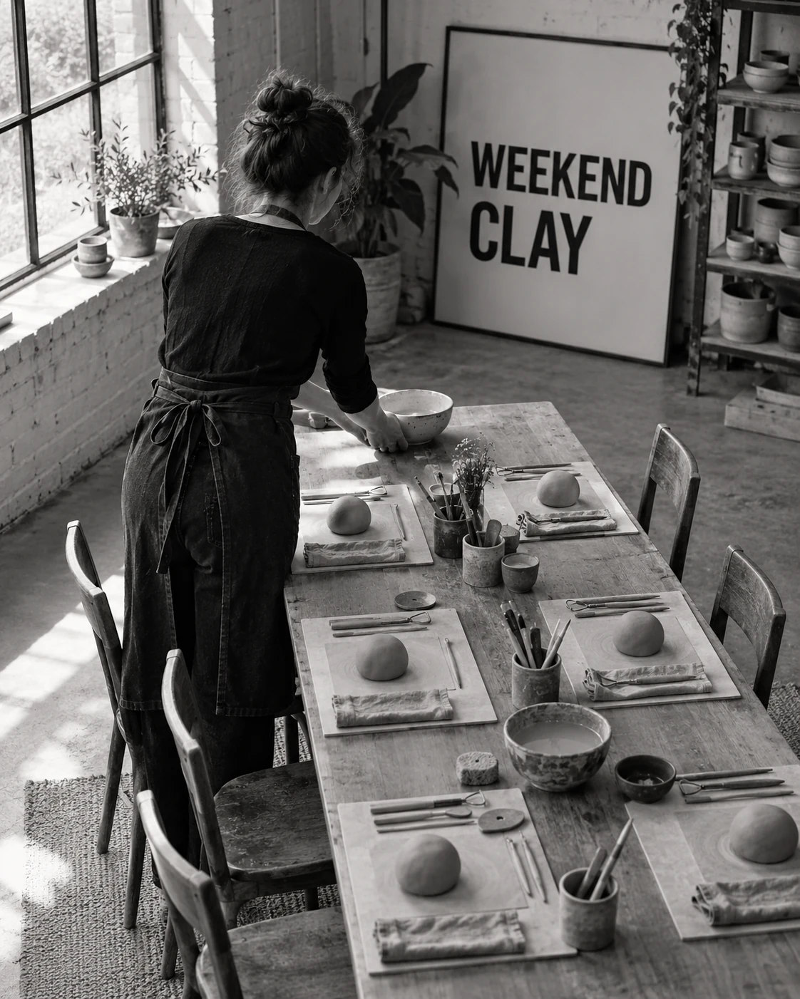 An instructor preparing a ceramics class beside its workshop poster, seen candidly from behind.