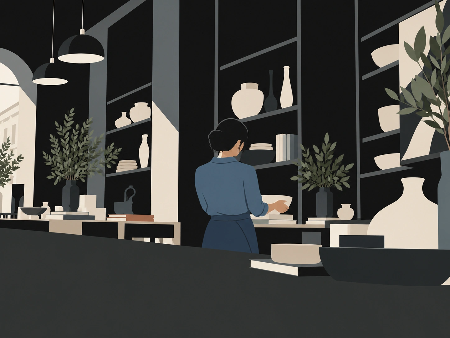 A shop owner seen from behind, arranging ceramics in a dramatic black-and-white shop interior.