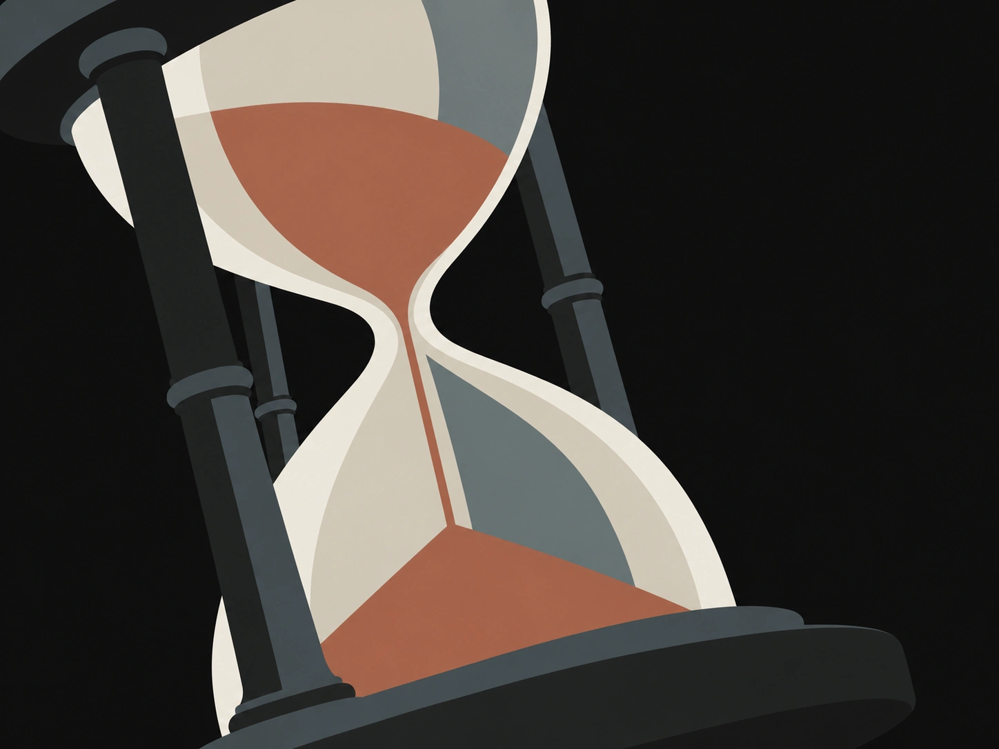 A close perspective of a black-framed hourglass with copper sand falling through clear glass.