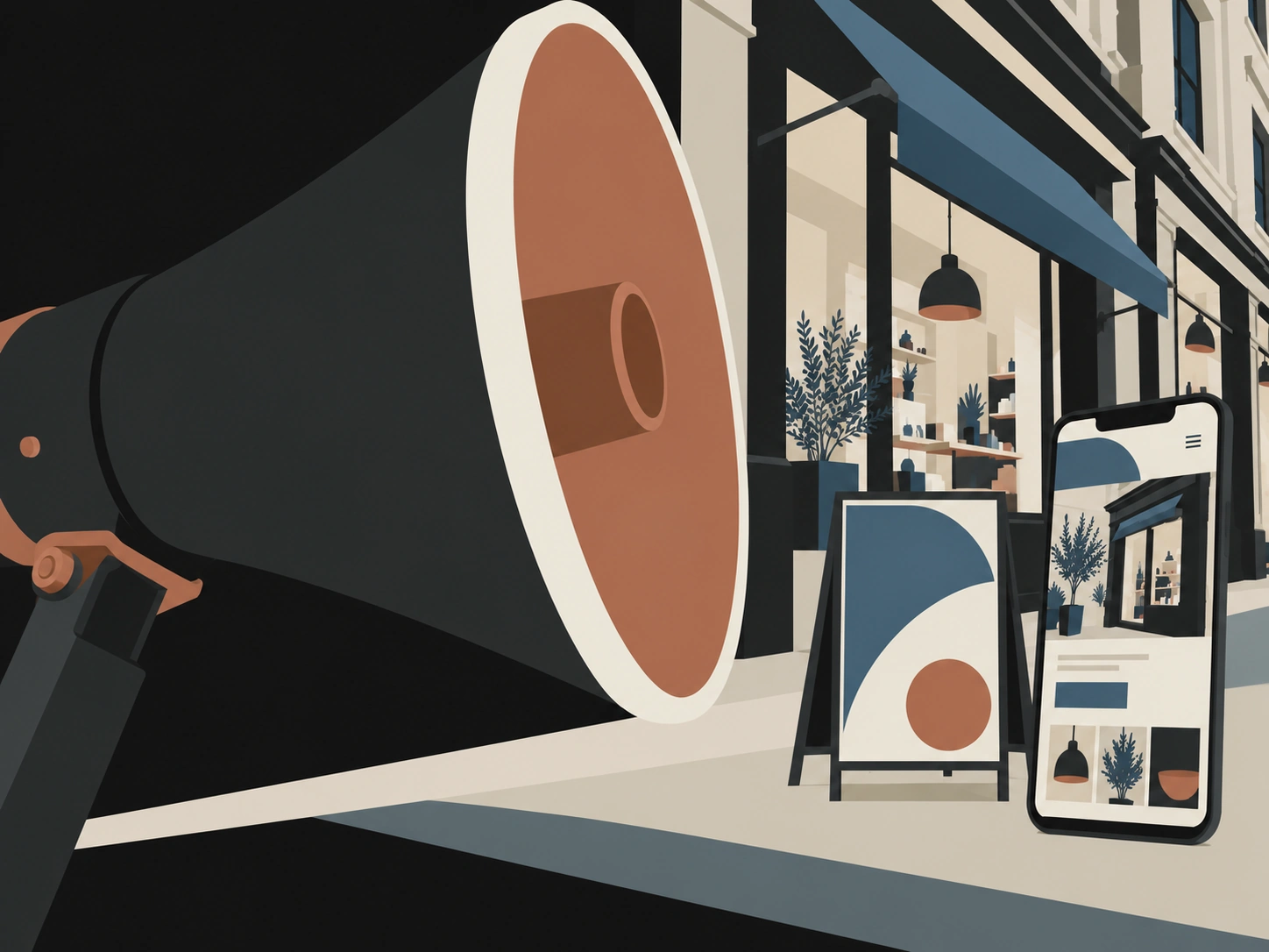 An oversized black-and-copper megaphone beside a business storefront, coordinated street campaign and mobile landing page.