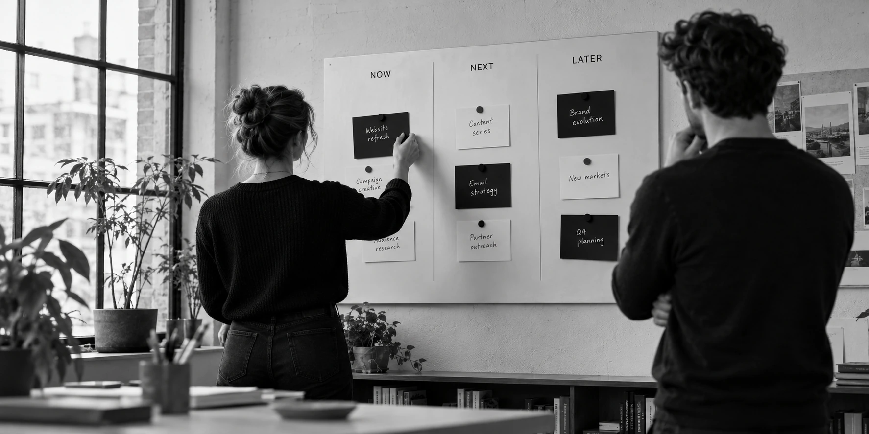 A team arranging current, next and later marketing priorities on a workshop wall.