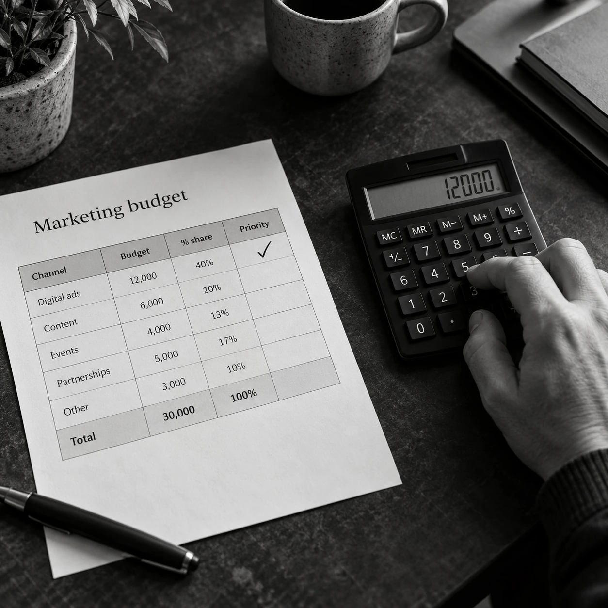 Reviewing a marketing budget and selecting a priority with a calculator.