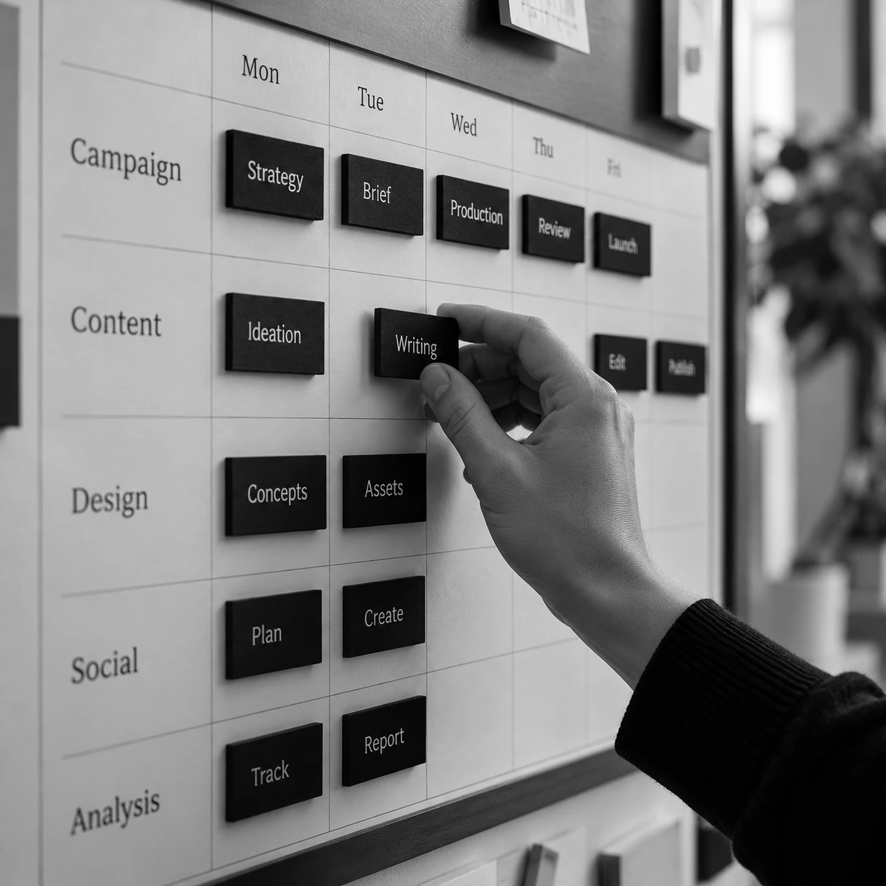 A hand assigning a writing task on a practical marketing schedule.