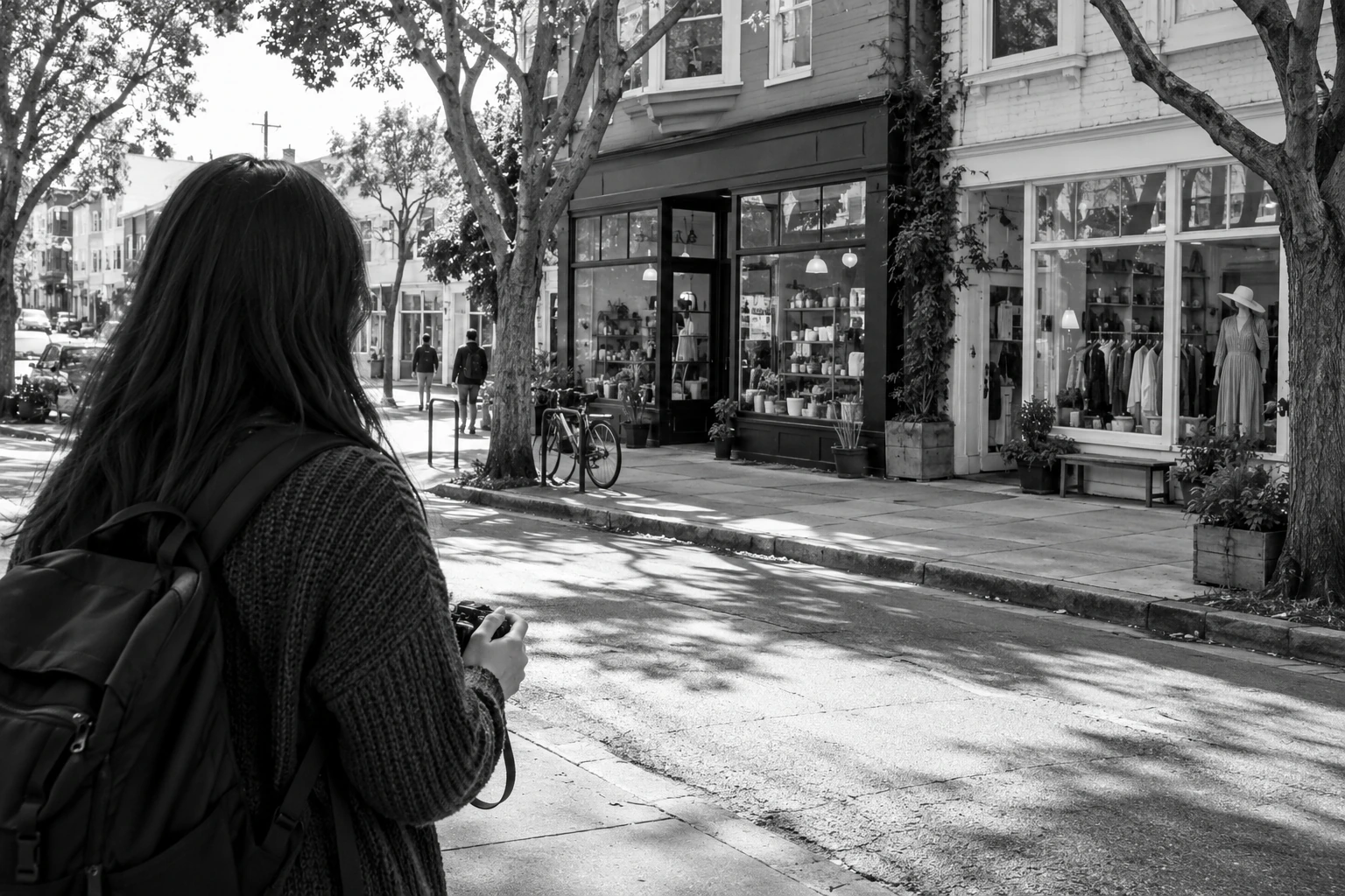 Observing local storefronts during field research.