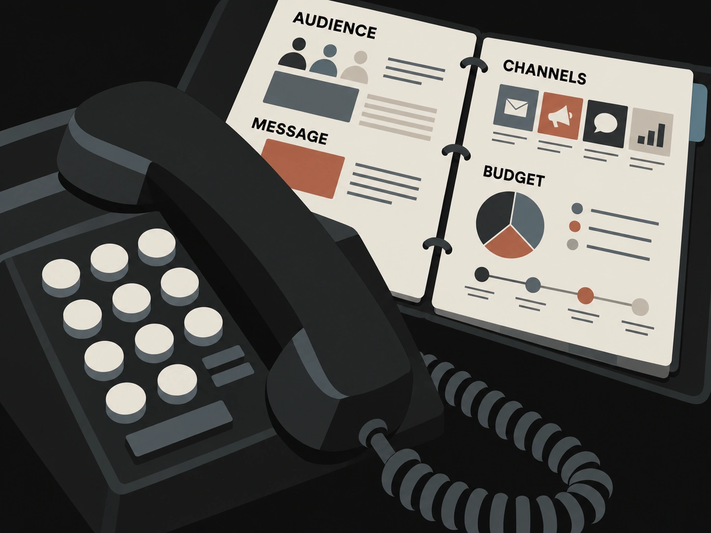 Matte black telephone beside an open strategy guide covering audience, message, channels and budget.