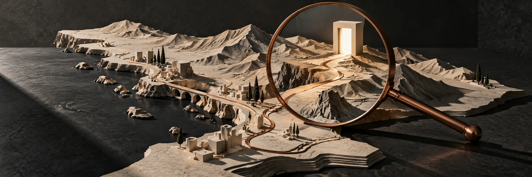 Black-and-white coastline sculpture with a path and magnifying lens leading to a bright doorway.