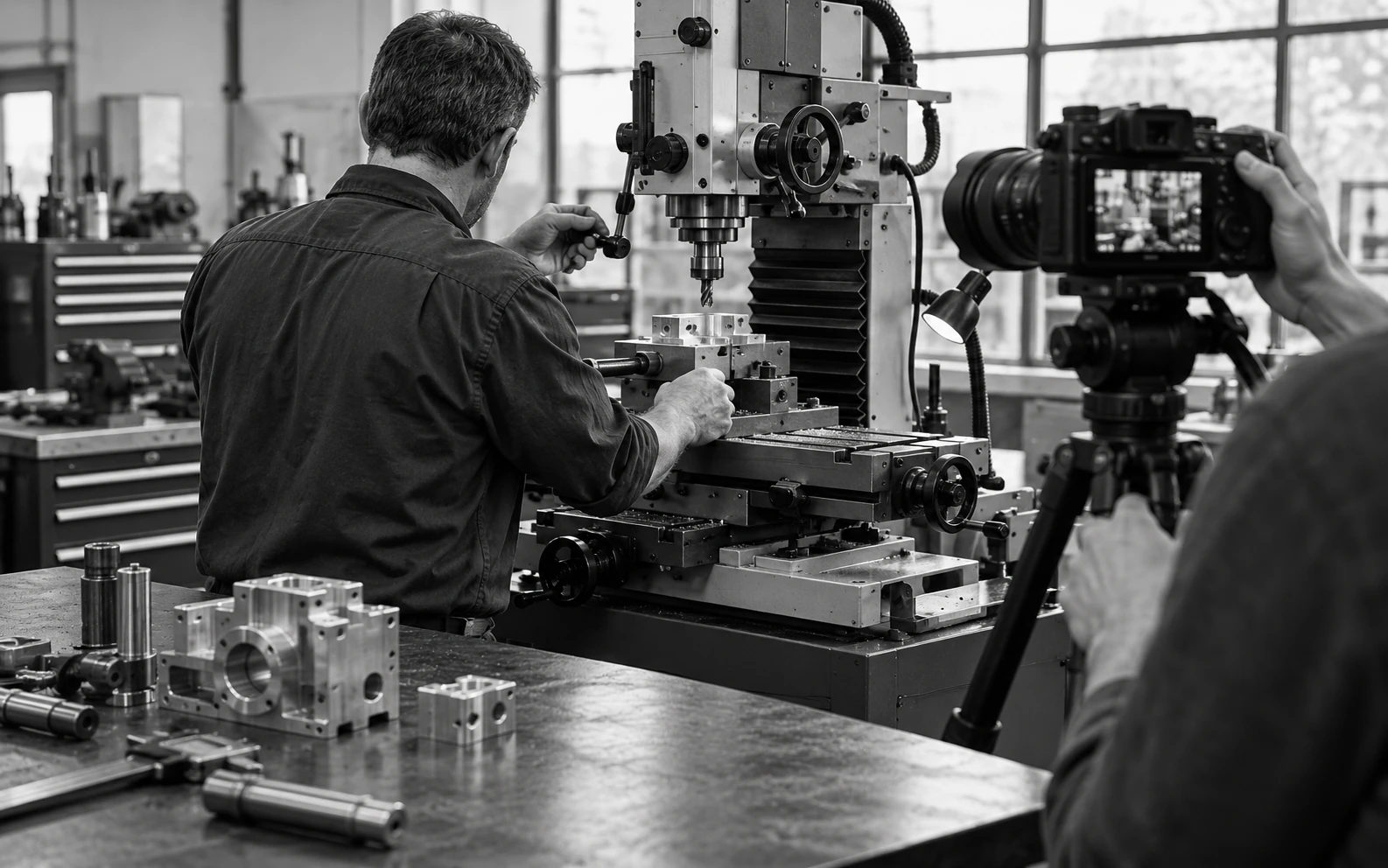 An industrial business filming a useful technical demonstration for prospective customers, seen from behind.