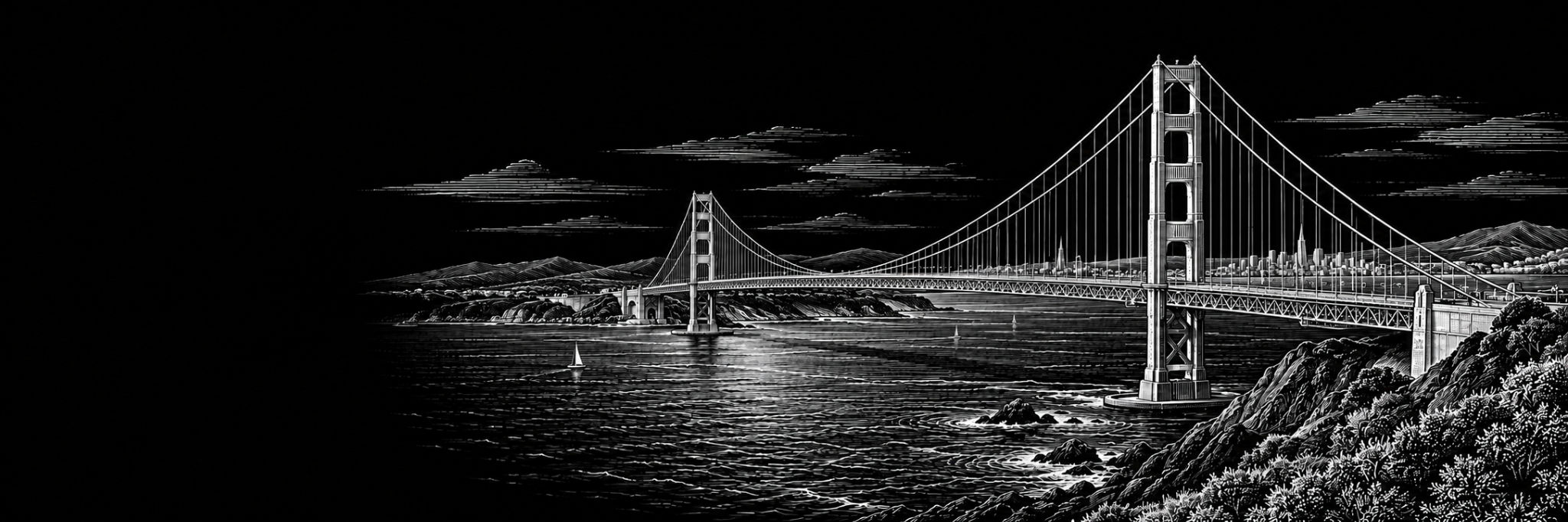 White-on-black engraved illustration of the Golden Gate Bridge spanning San Francisco Bay.